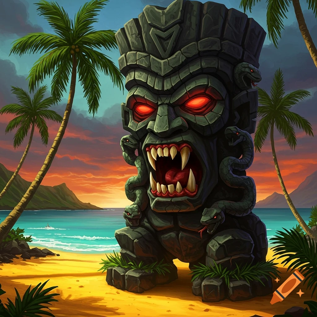 A large, menacing tiki statue with red eyes and snakes on a tropical beach at sunset.