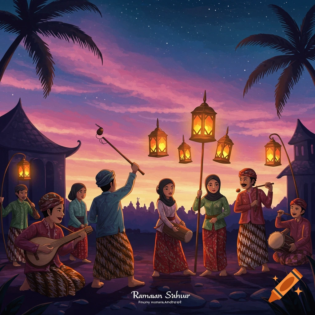 People playing music and carrying lanterns at sunset