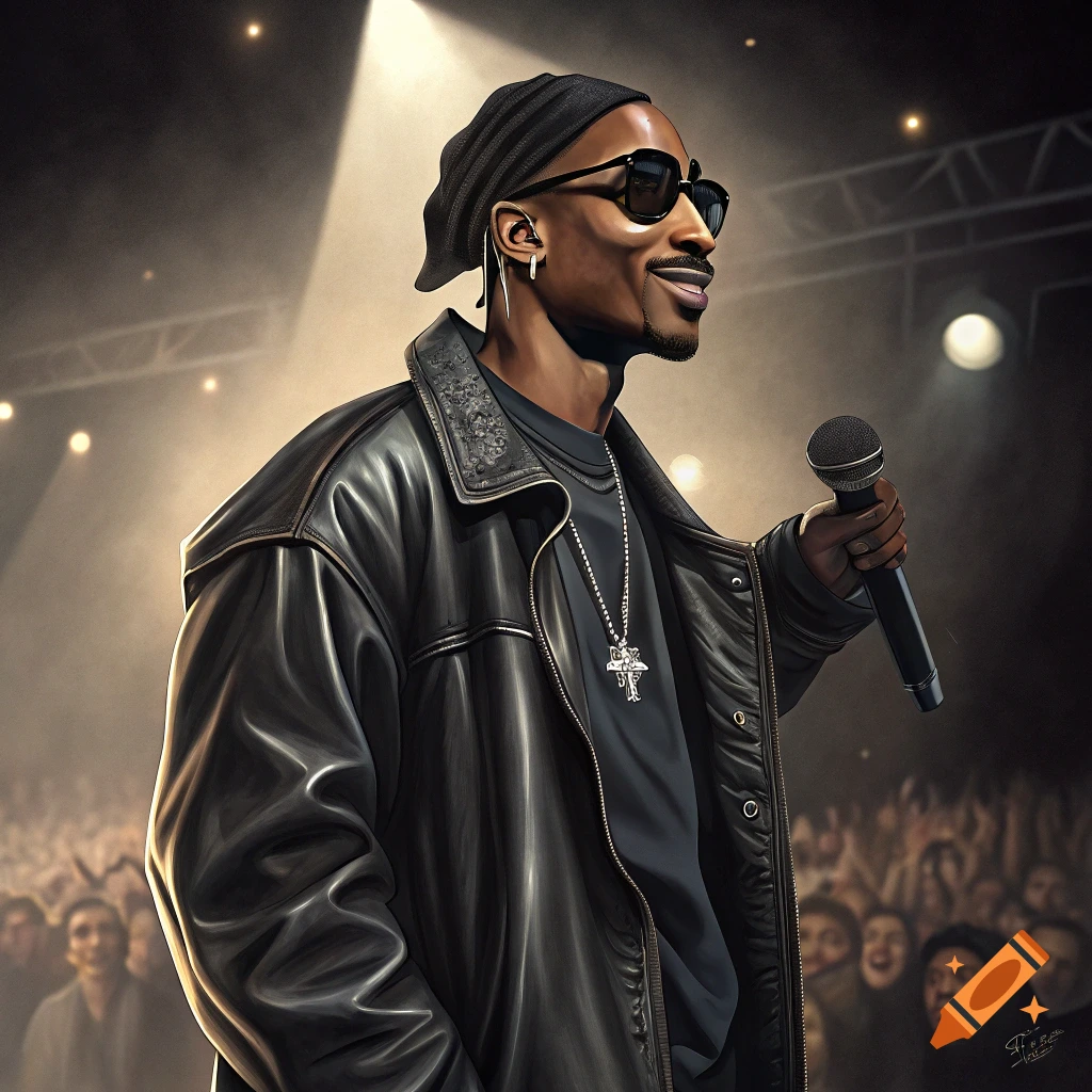 Stylized portrait of a man holding a microphone on a stage with a crowd in the background.