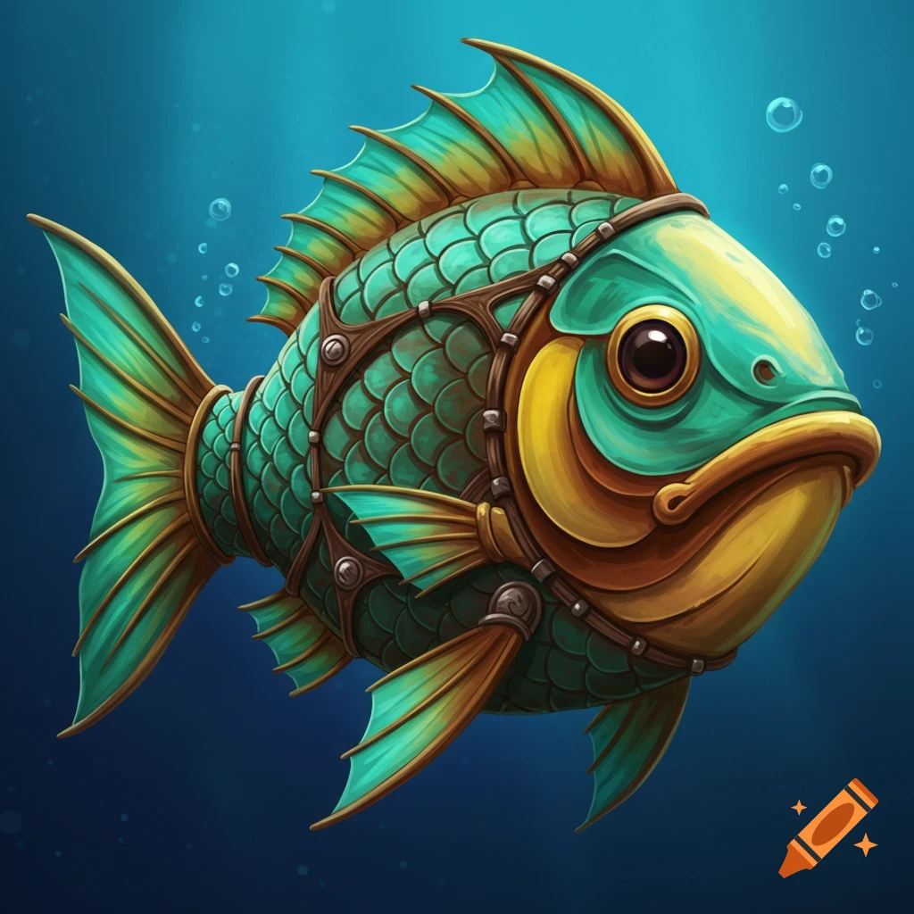 A stylized teal and gold fish swims underwater with bubbles.