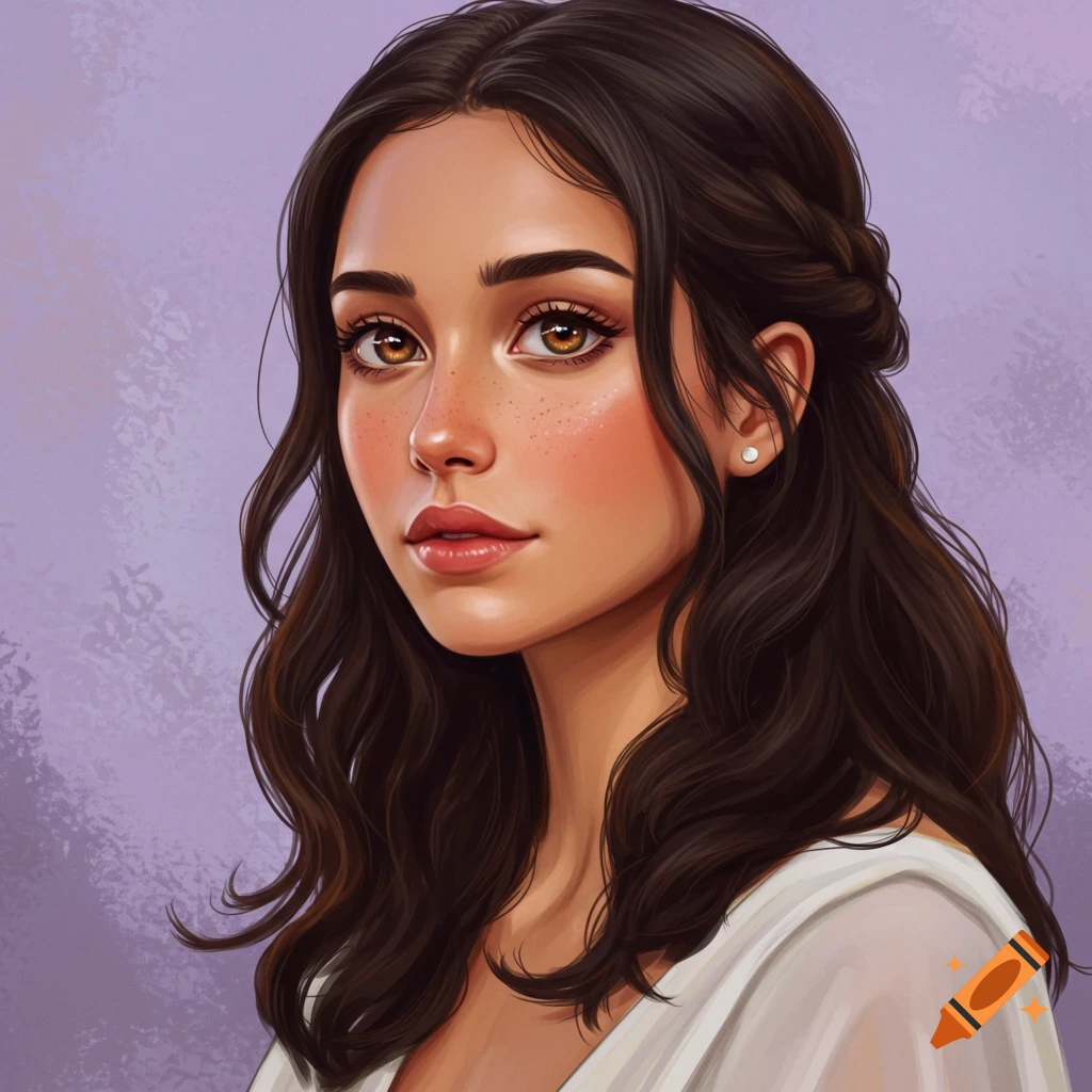 A portrait of a woman with dark brown hair, freckles, and brown eyes on a purple background.