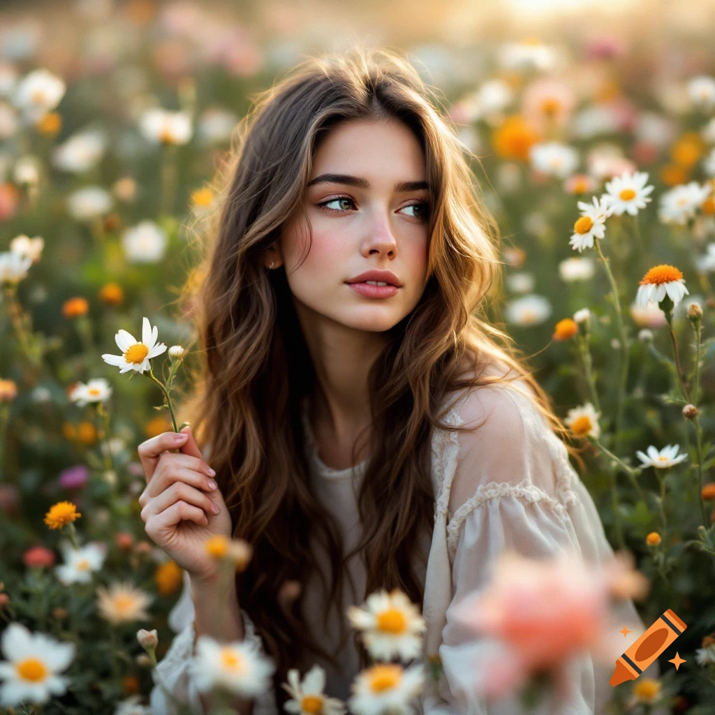 A young woman sits in a field of colorful flowers holding a daisy.