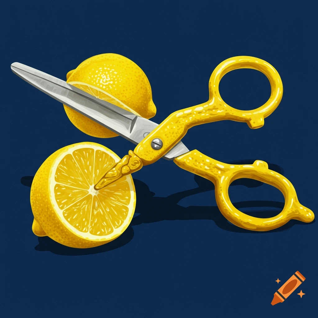 Yellow scissors cutting a lemon on a dark blue background