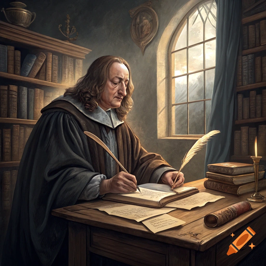 A historical figure with long hair and robe writes with a quill at a desk in a library, illuminated by a window.