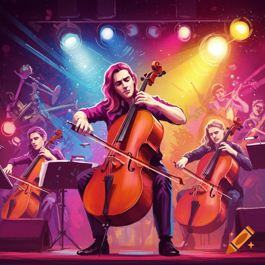 Cellists performing with an orchestra on a brightly lit stage.