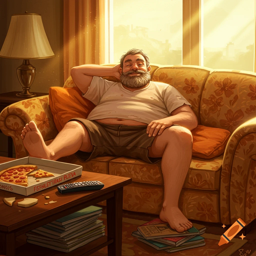 A man relaxing on a couch with pizza in a sunny room.