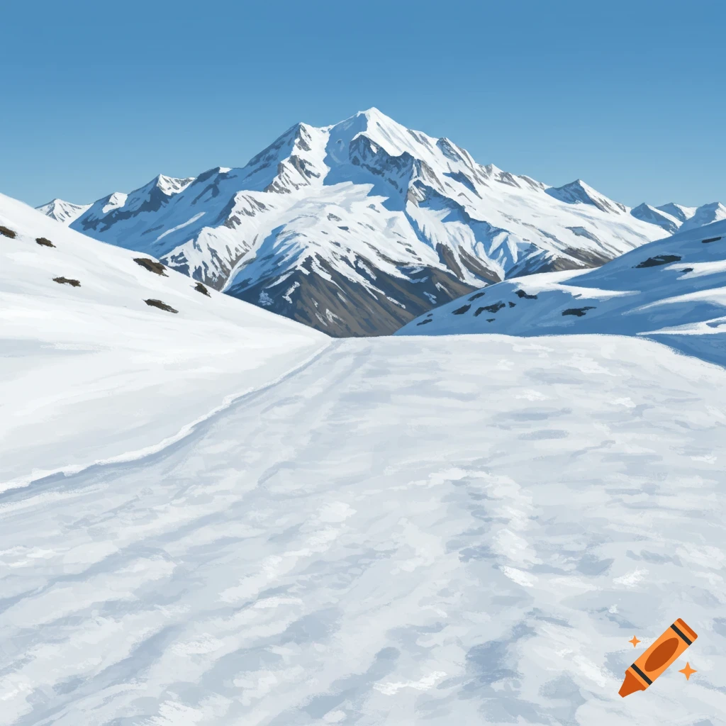 A ski slope winds through snowy mountains under a clear blue sky.
