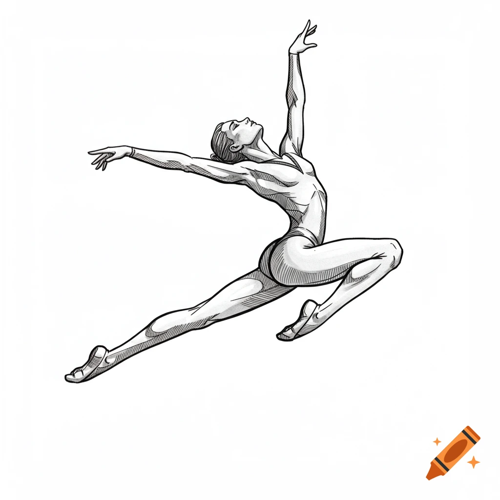 A sketch drawing of a female dancer or acrobat jumping with arms raised.