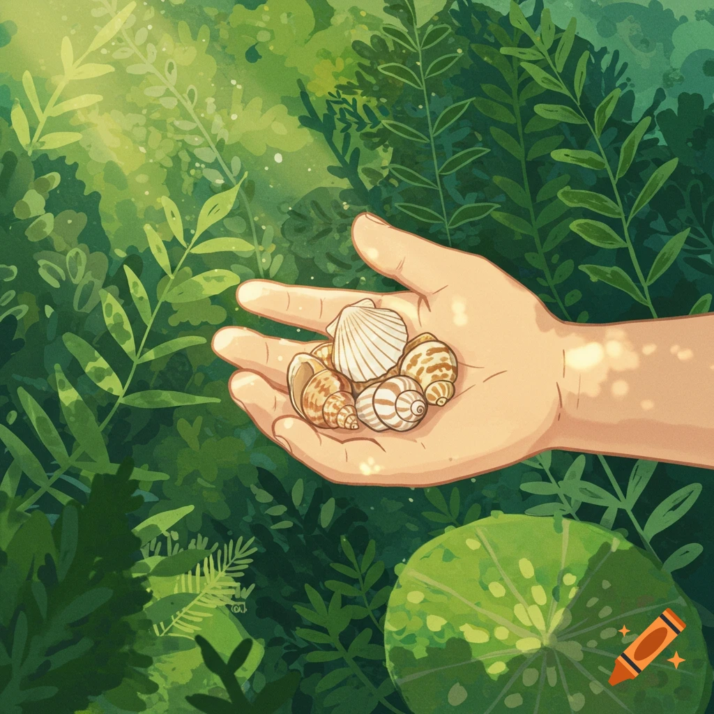 A hand holds seashells in a lush green forest in studio ghibli style.