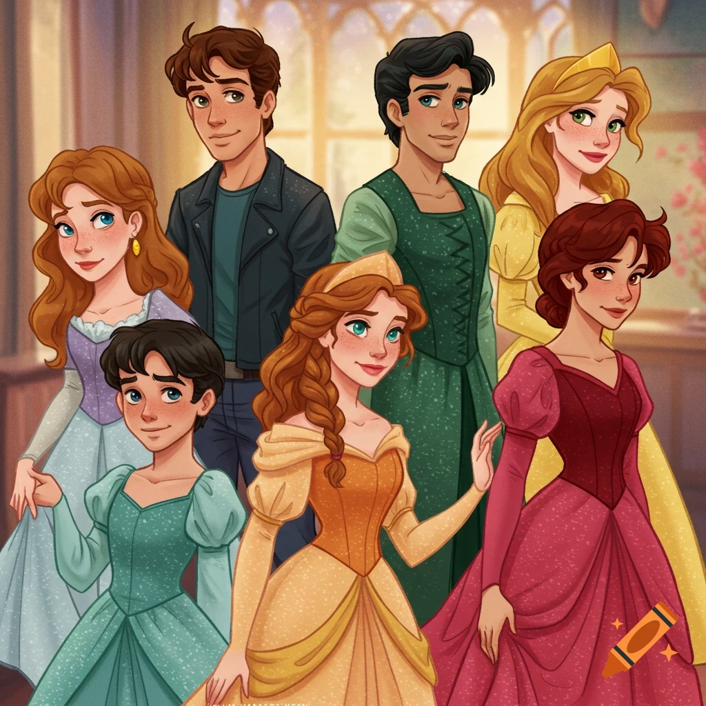 Group of seven characters in animated Disney princess style, wearing dresses and a jacket, indoors.