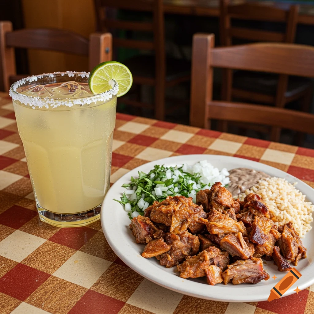 A plate of carnitas with rice and beans next to a margarita on a checkered tablecloth.