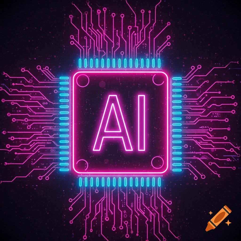 A glowing neon AI logo on a circuit board, digital art