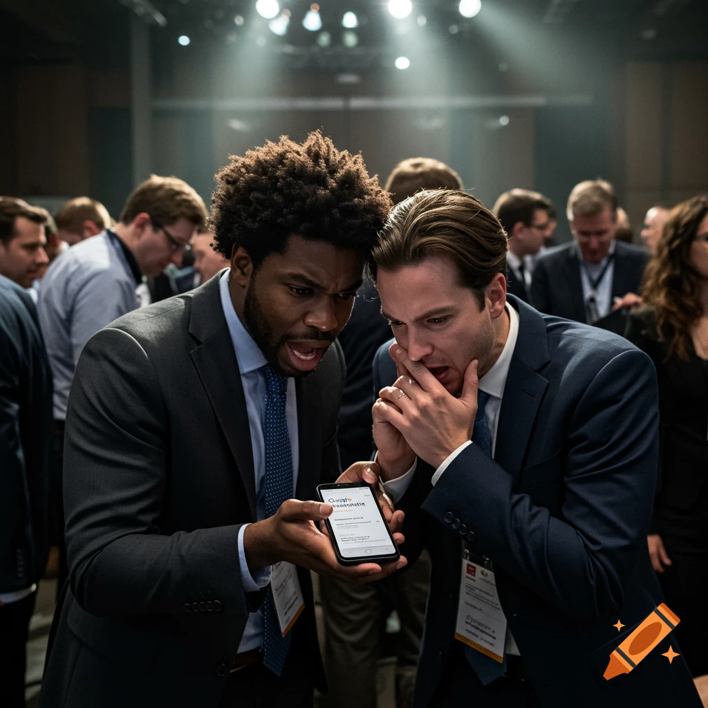 Two business professionals look intently at a smartphone in a crowded conference room.