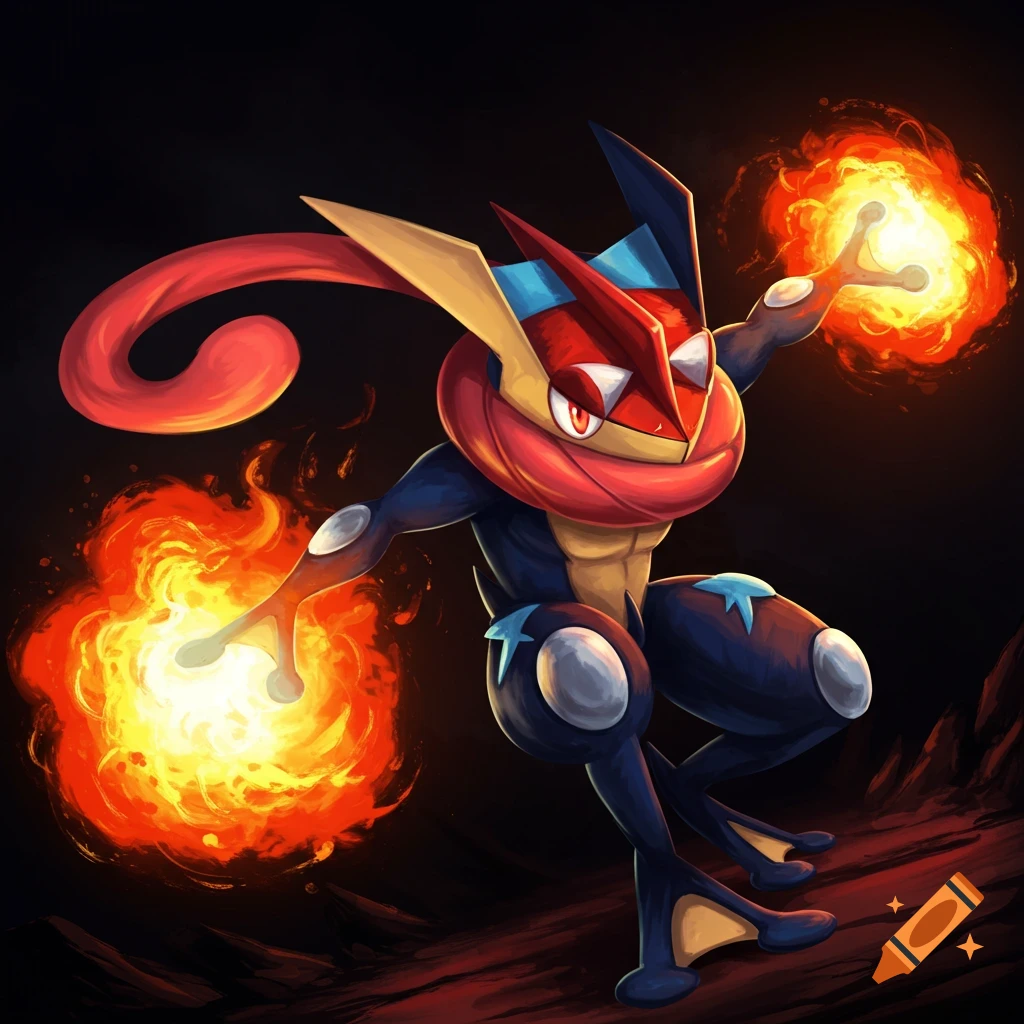 A Greninja Pokemon character with fire powers, spitting fireballs in a dark setting.