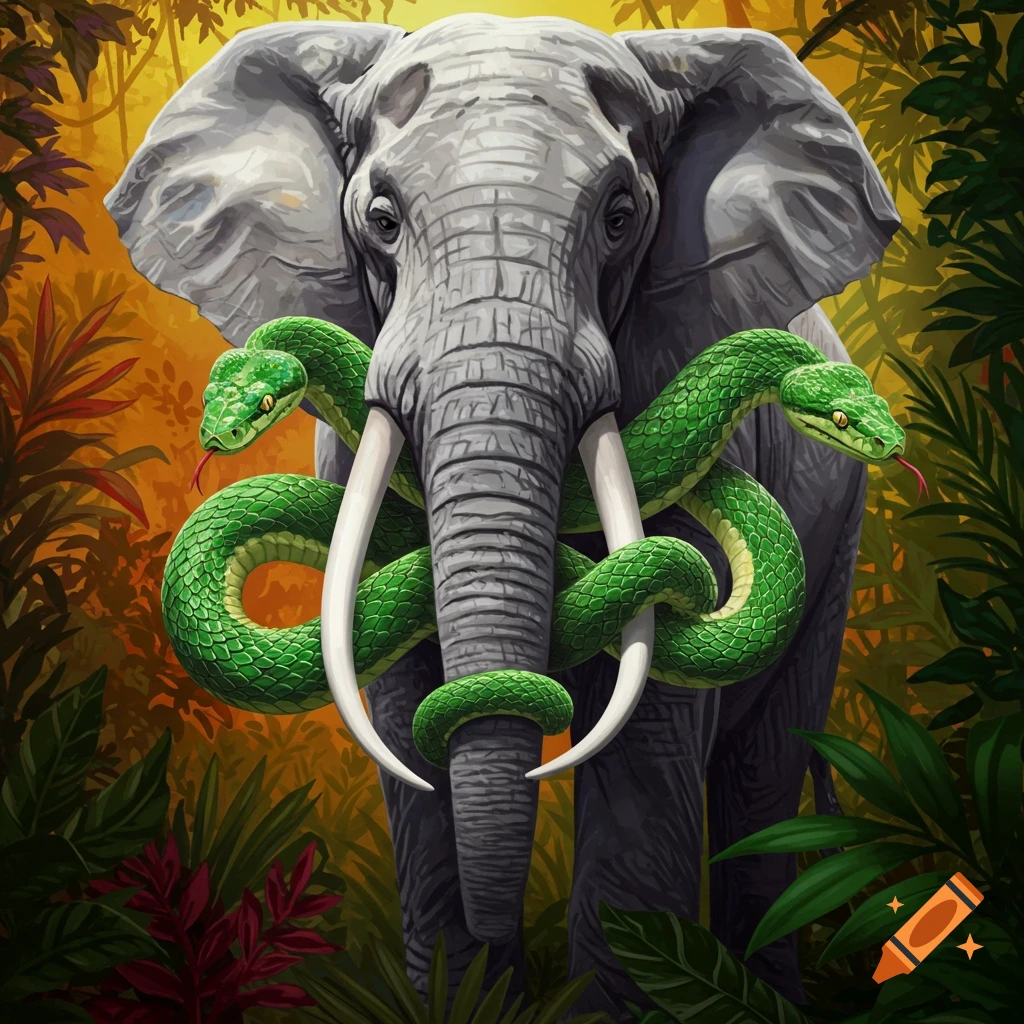 An elephant is standing in a jungle with green snakes wrapped around its tusks.