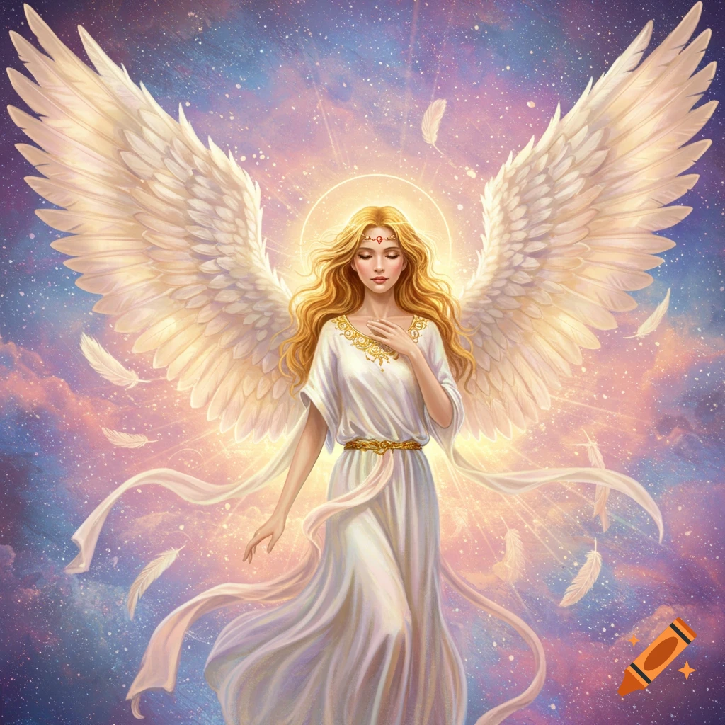 An angel with large wings and a white dress in a starry sky.