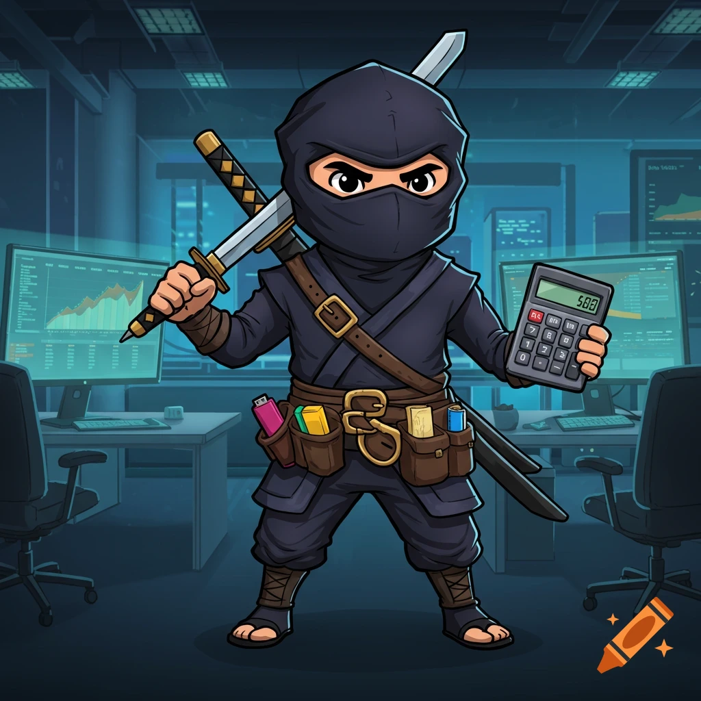 Cartoon accounting ninja in an office holding a pen like a sword and a calculator like a shield.