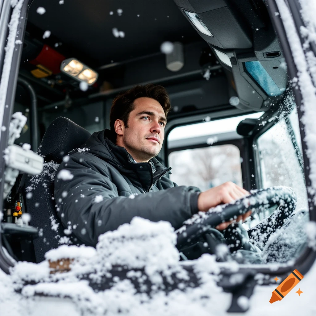 Photorealistic portrait of a man driving a truck covered in snow, seen from inside the cab