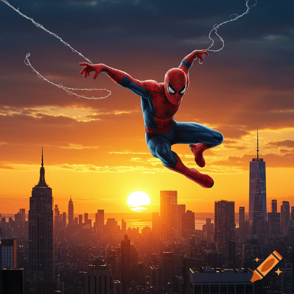 Spider-man web swinging over Manhattan at sunset.
