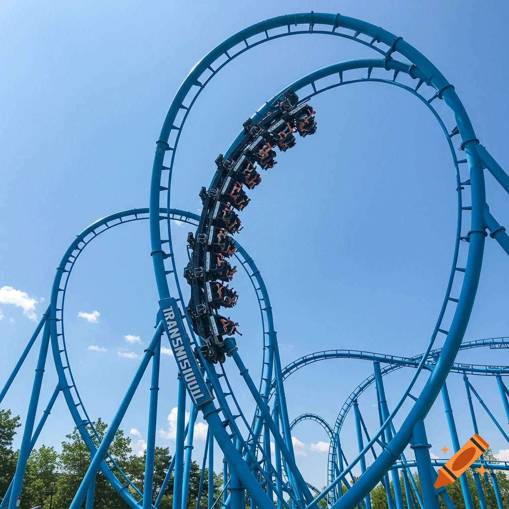 Photo of a blue roller coaster train going through a loop against a blue sky