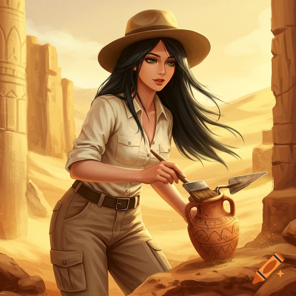 A young female archaeologist brushing sand off an ancient pot in desert ruins.