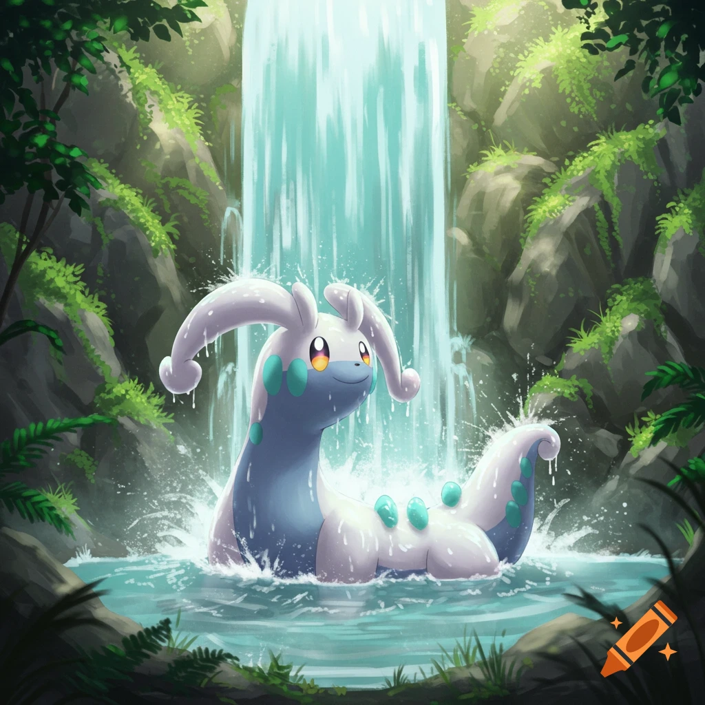 Goodra bathing in a pool at the base of a waterfall in a jungle, digital illustration.