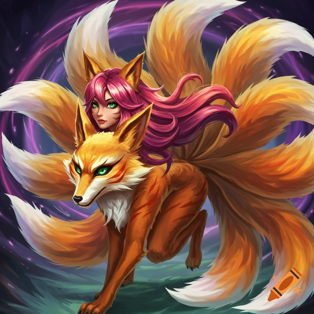A fantasy character resembling Ahri with pink hair and multiple fox tails.