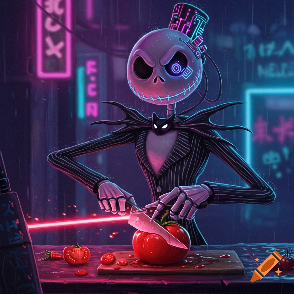 Cyberpunk Jack Skellington cutting a tomato under neon lights.
