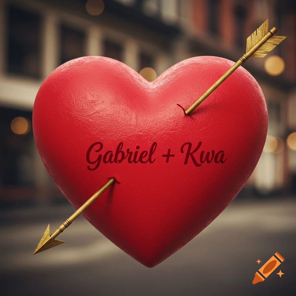 A large red heart is pierced by a golden arrow, with the names Gabriel + Kwa written on it.