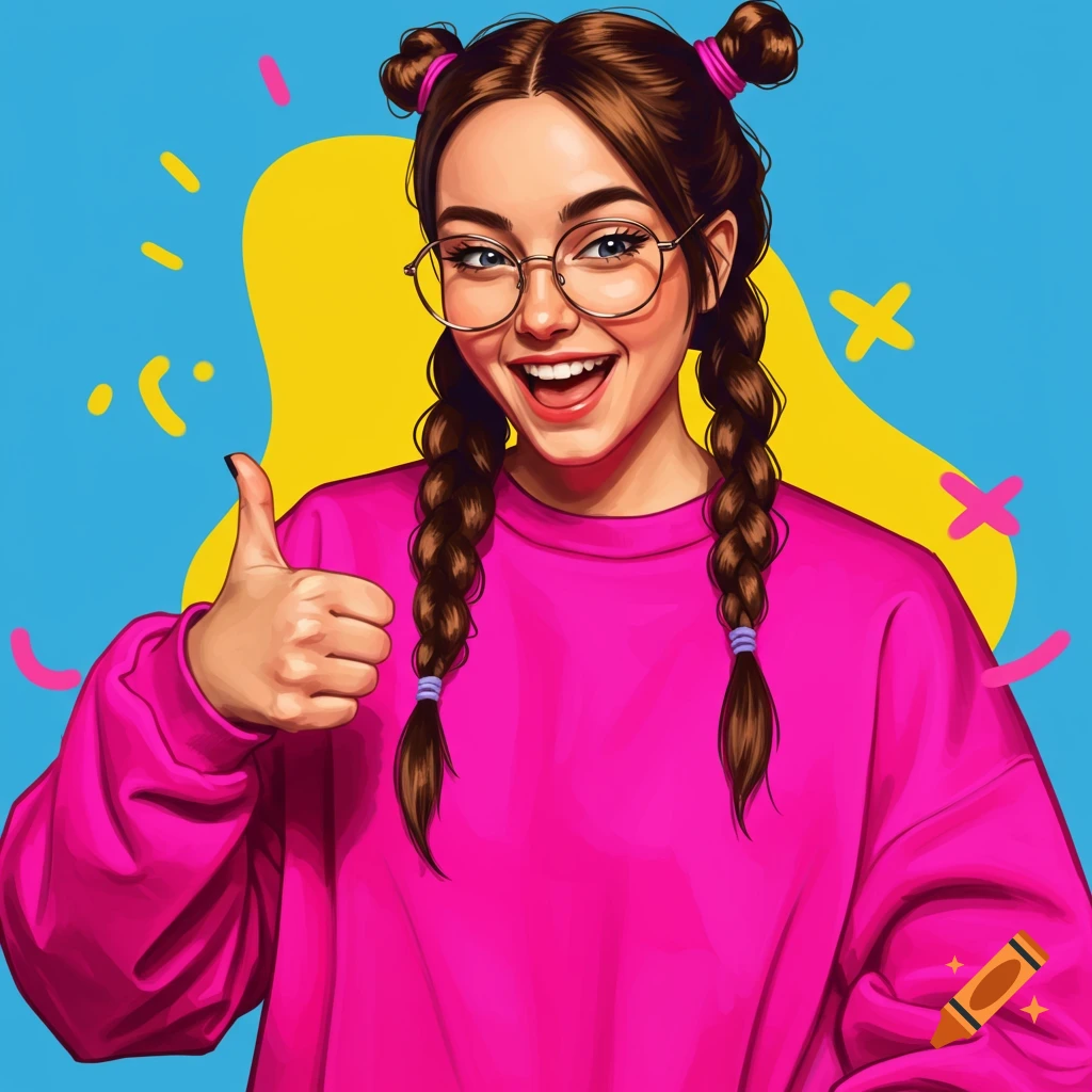 A young woman with braids and glasses, smiling and giving a thumbs up against a bright blue and yellow background.