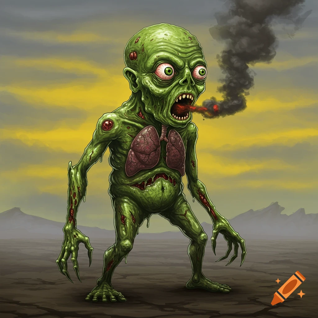 A grotesque green creature with exposed lungs stands in a barren landscape, expelling smoke from its mouth.