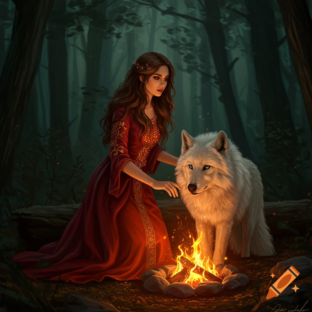 A woman in a red dress and a white wolf sit by a campfire in a dark forest.