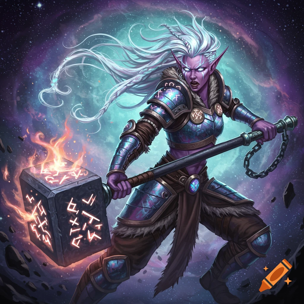 Astral elf barbarian holds a fiery maul in a cosmic background.