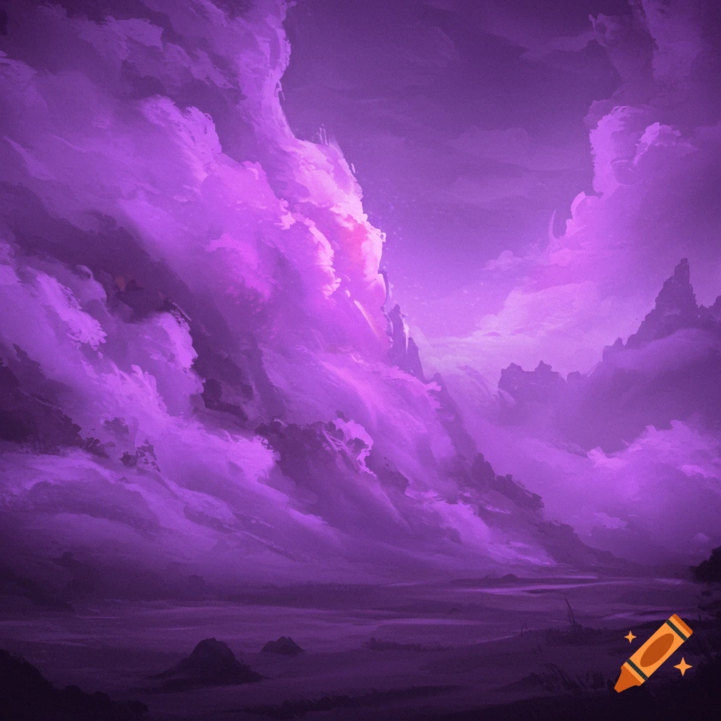 A fantastical landscape with swirling purple clouds and distant rocky mountains.
