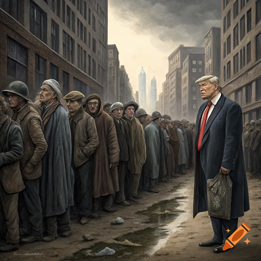 Donald Trump stands facing a long line of people in historical clothing on a city street.