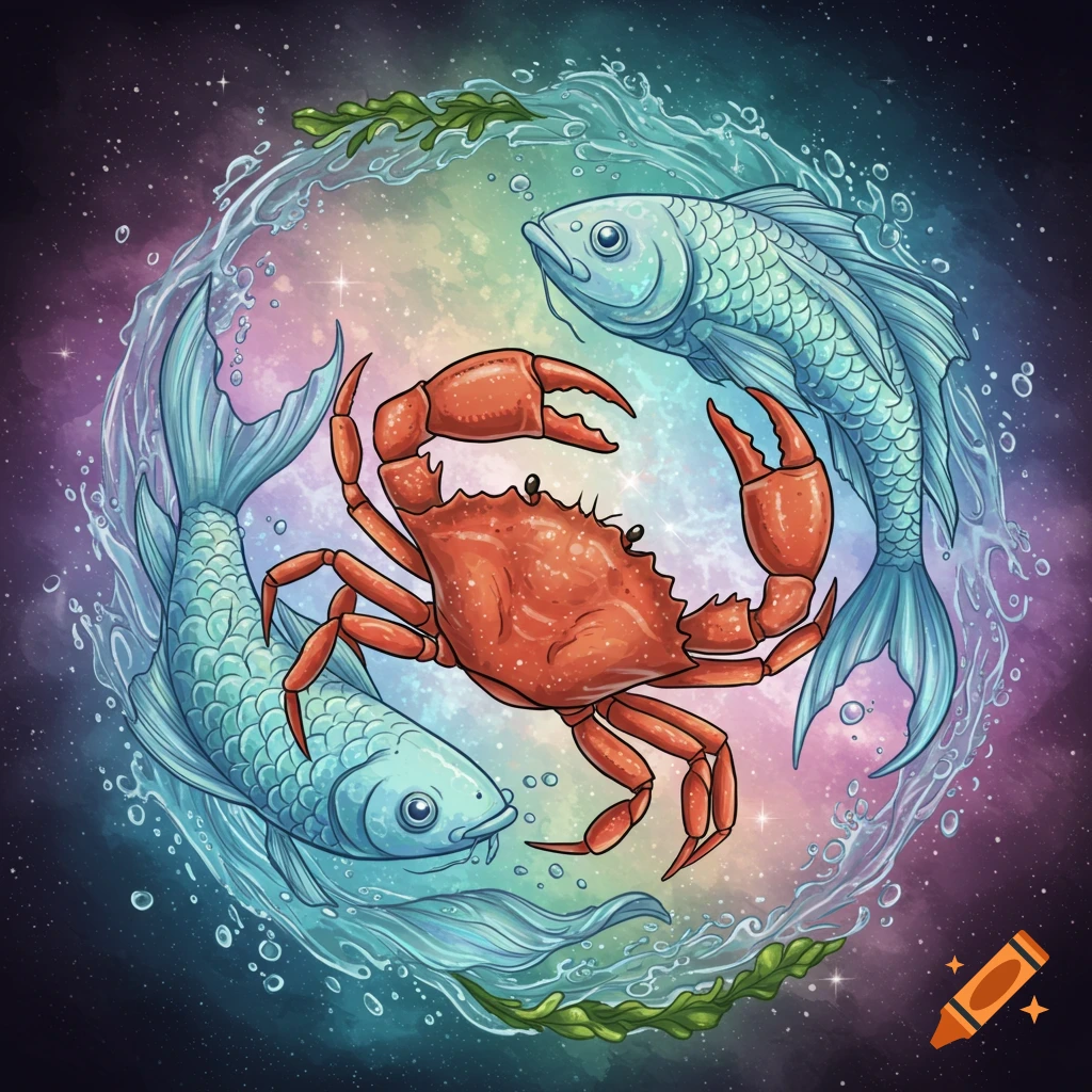 An image combining the Cancer zodiac sign (crab) and Pisces (fish) in a circle with water and galaxy elements.