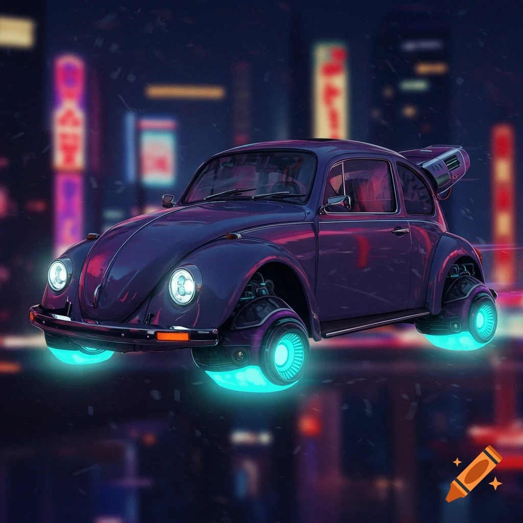 A purple futuristic hovering VW Beetle over a city at night