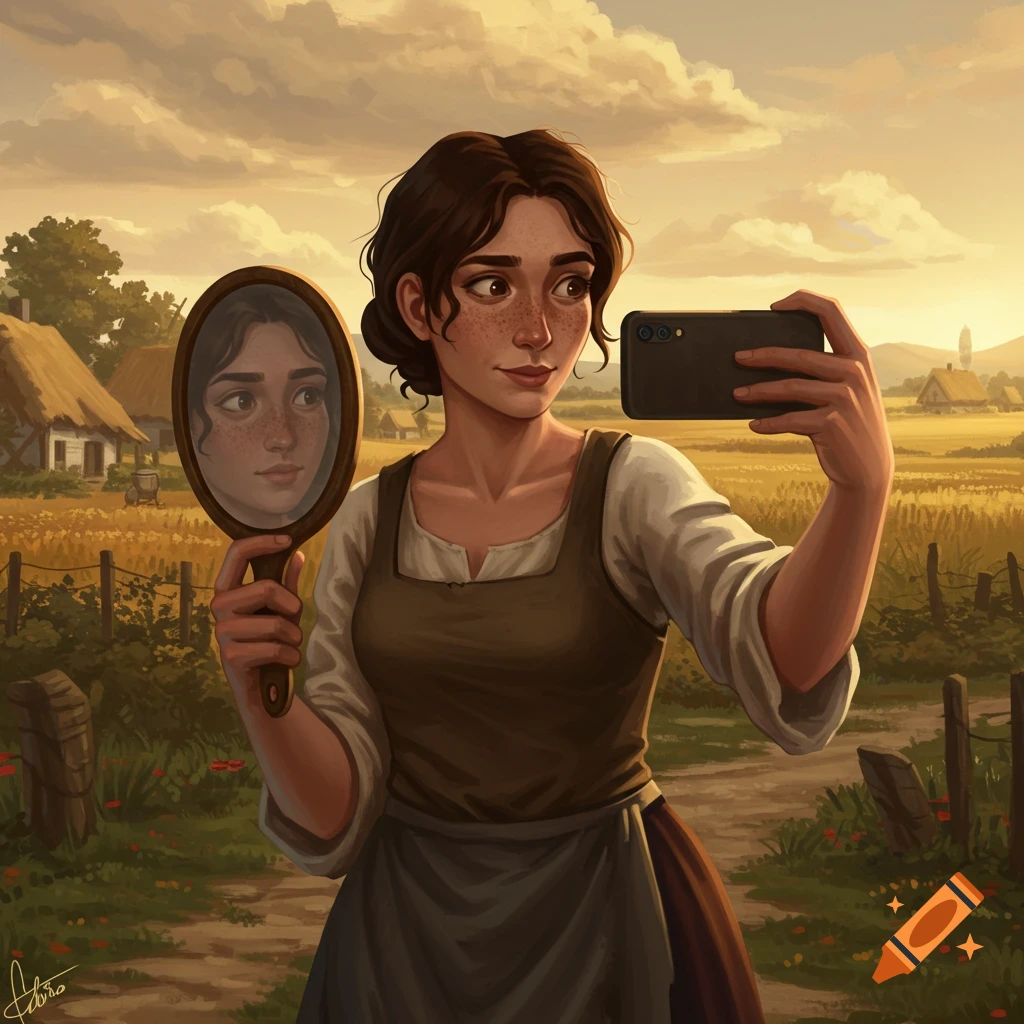A Renaissance peasant woman takes a selfie in a rural field