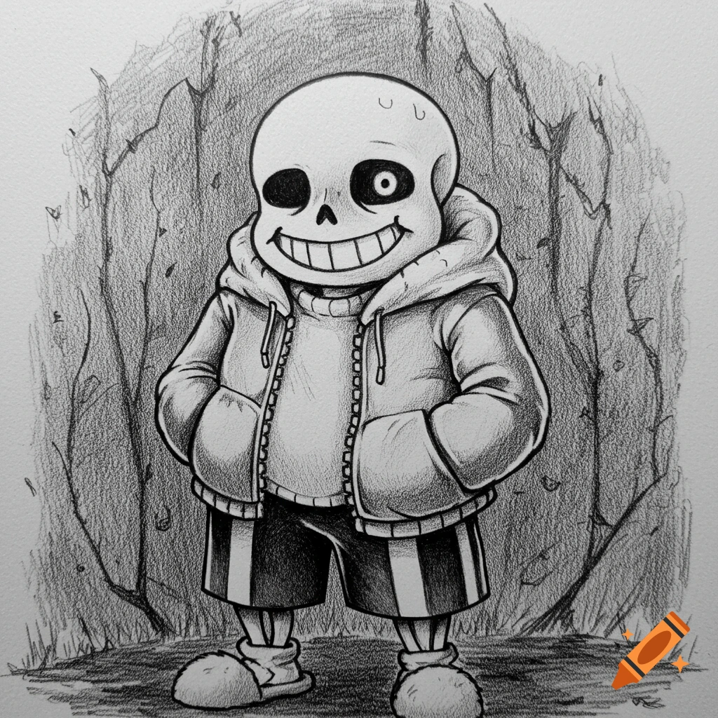 Pencil sketch of the character Sans from Undertale standing with hands in pockets and grinning.