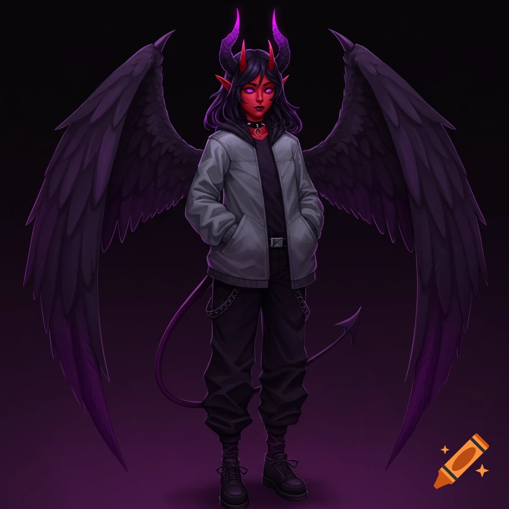 A demon character with purple horns and wings wears a grey hoodie.