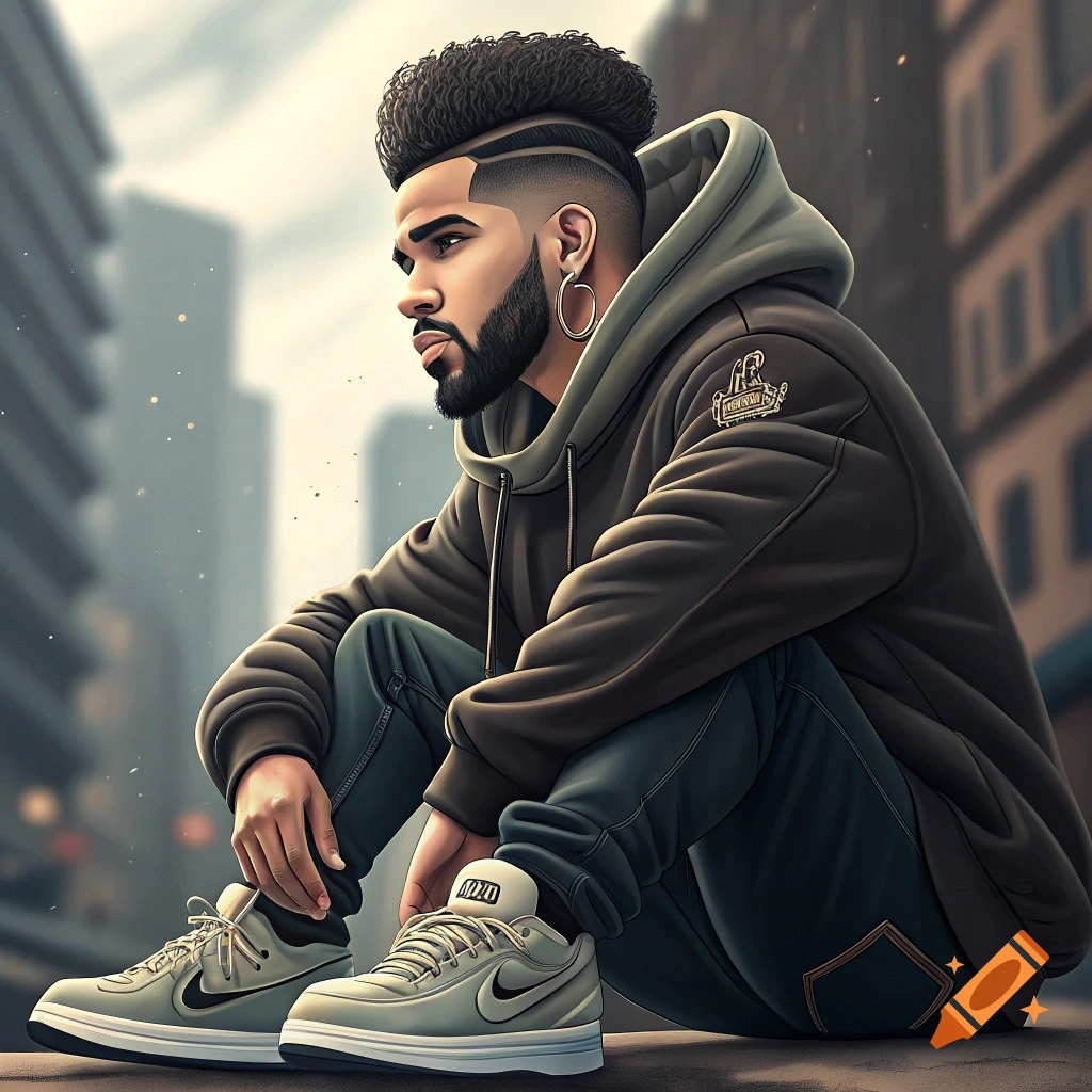 A man in a hoodie and sneakers sits in an urban setting.