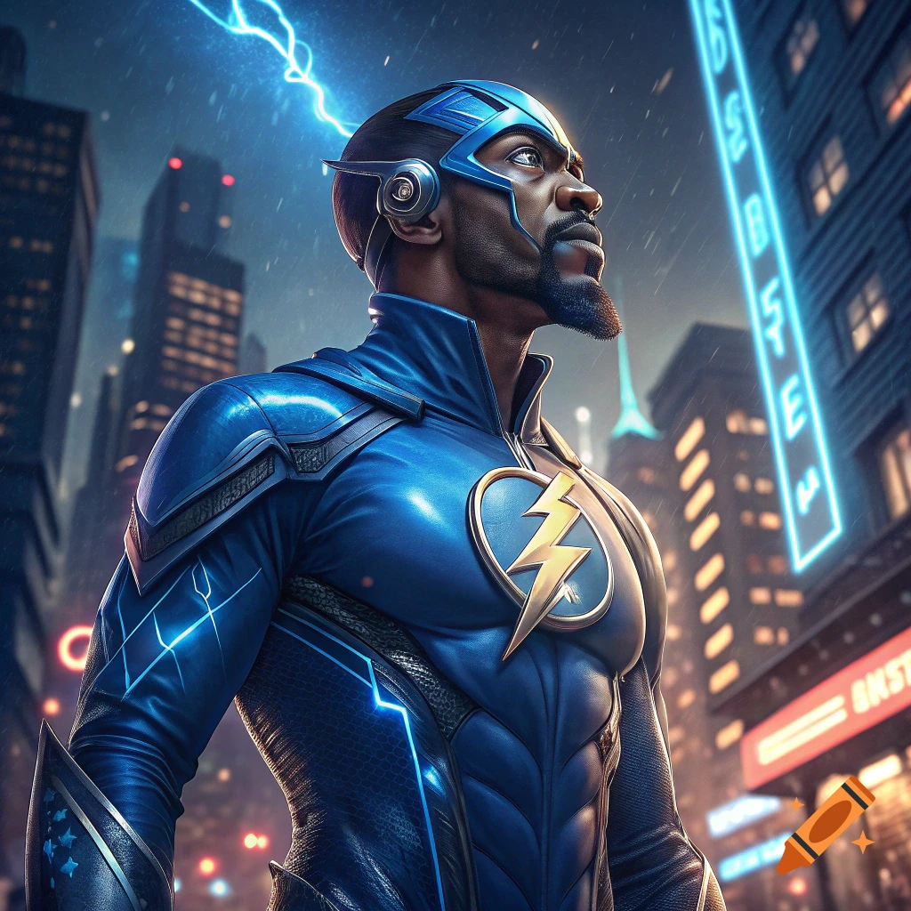 Superhero in a blue suit with lightning bolt symbol standing in a city at night