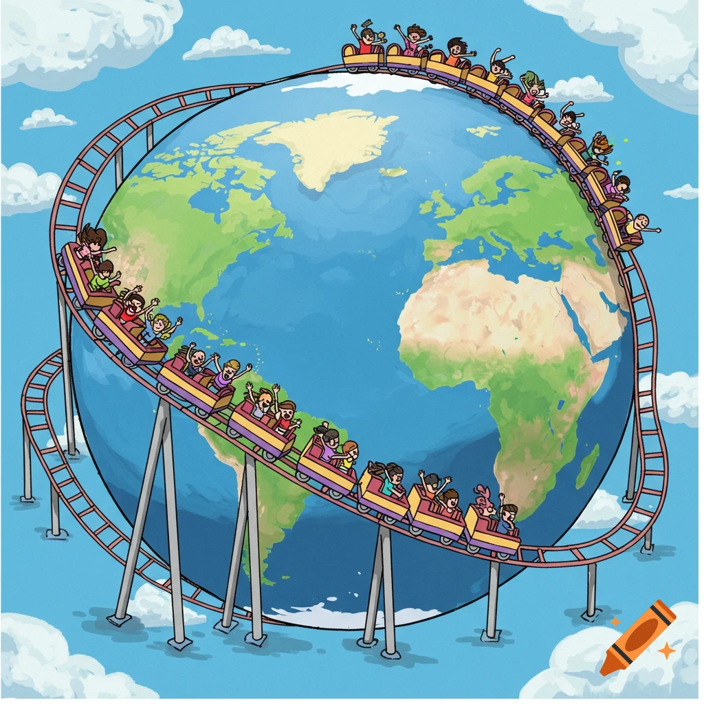 A cartoon roller coaster with people riding around the Earth.