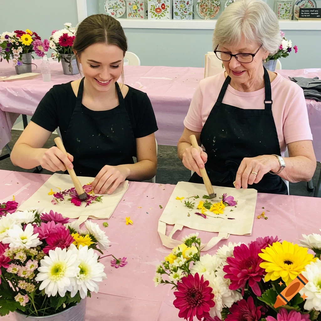 Two women of different ages doing a flower pounding craft at a table with flowers.
