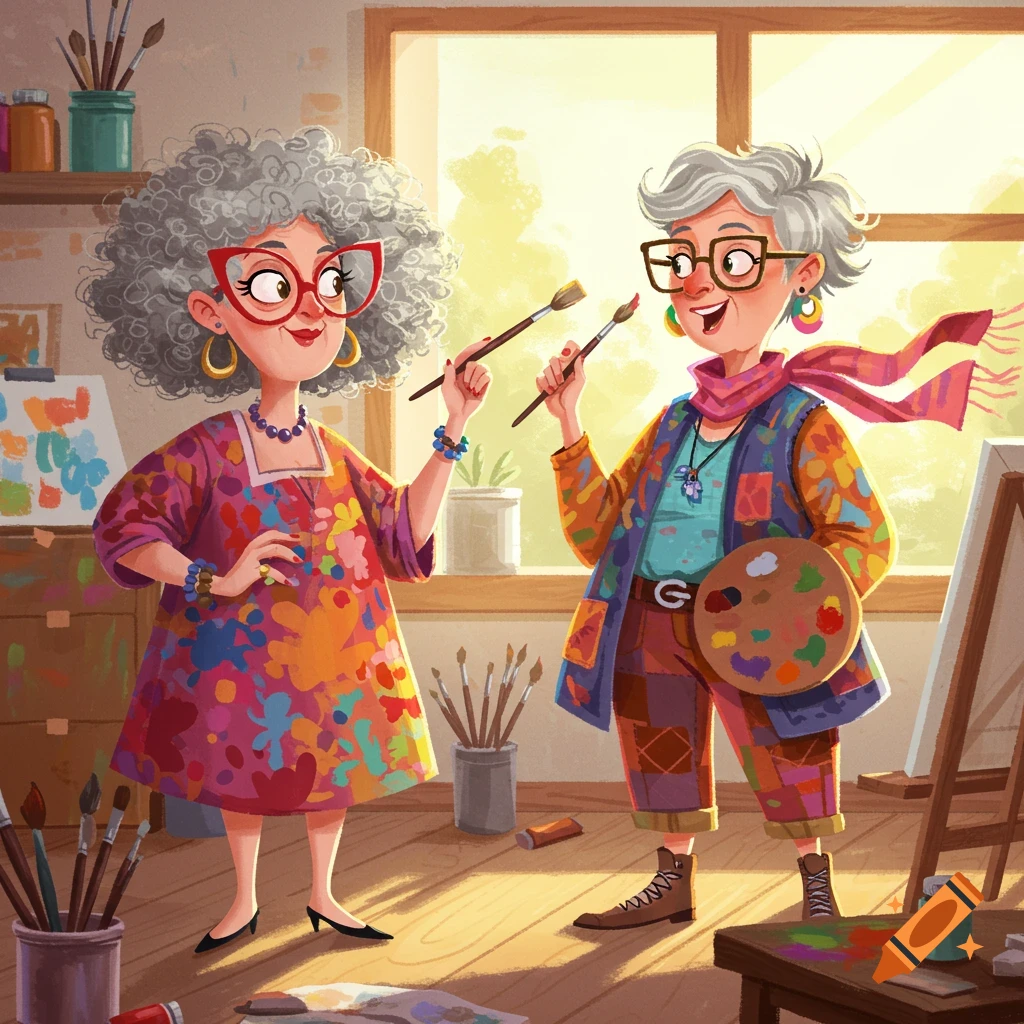 Digital illustration of two smiling elderly women in bright, paint-splattered clothes holding paintbrushes and a palette in a sunny art studio.