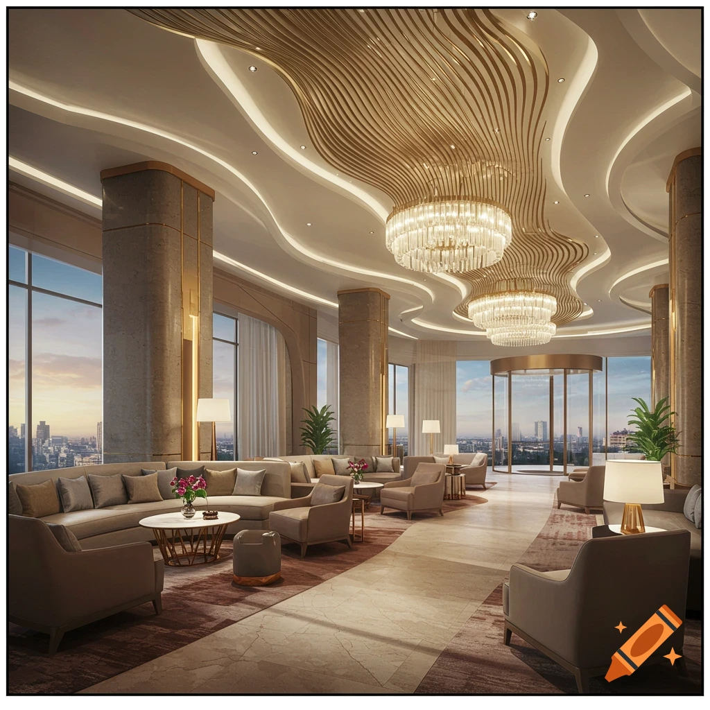 Luxurious hotel lobby with plush seating, chandeliers, and city view.