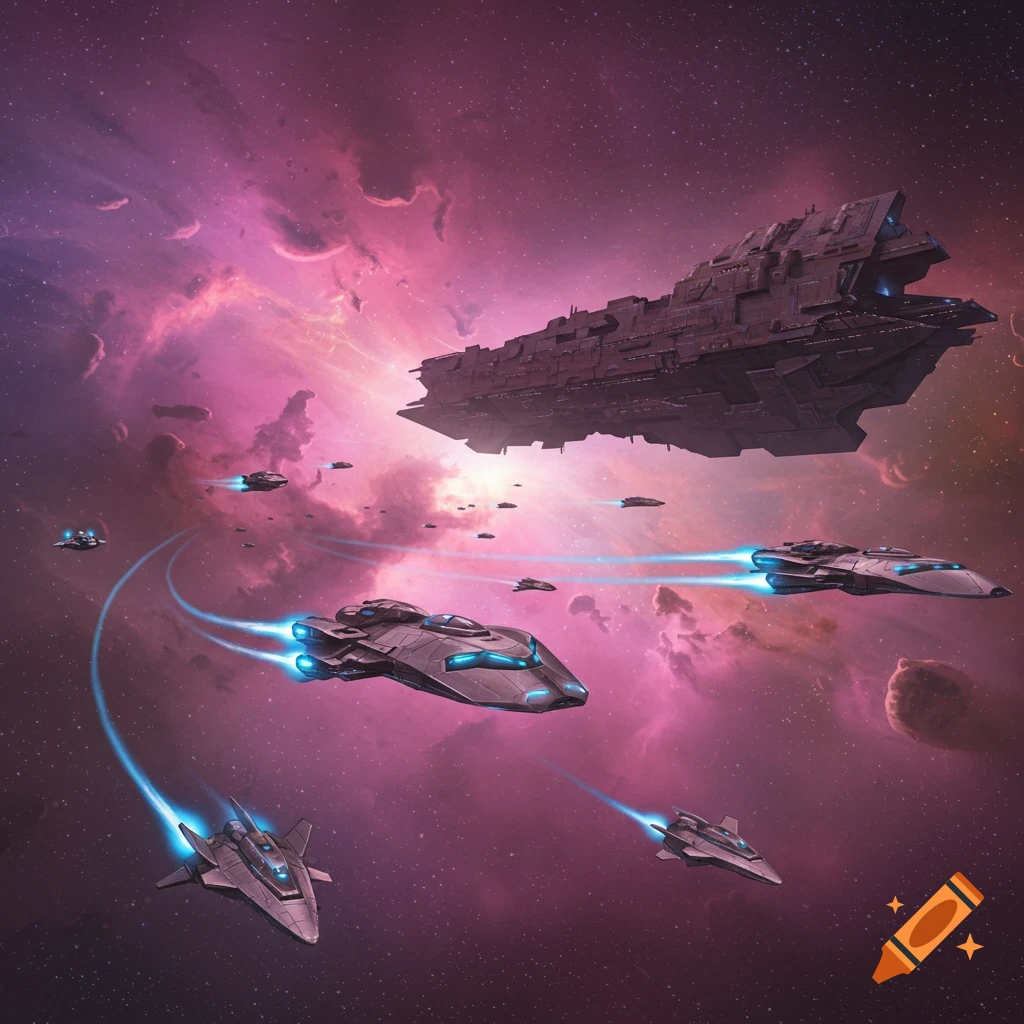 Large battlecruiser leads a fleet of spaceships through a pink and purple nebula.