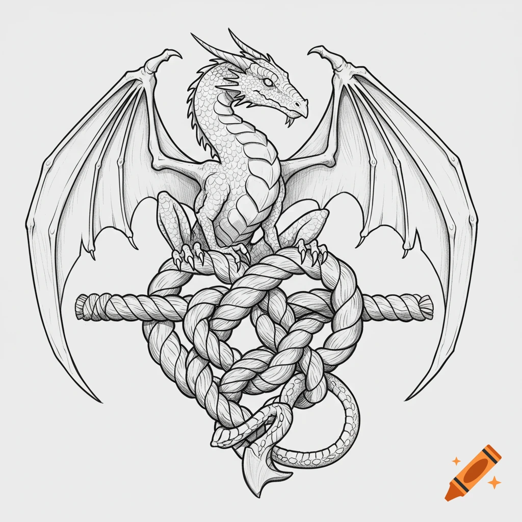 Line drawing of a dragon perched on a carrick bend knot with its tail intertwined.