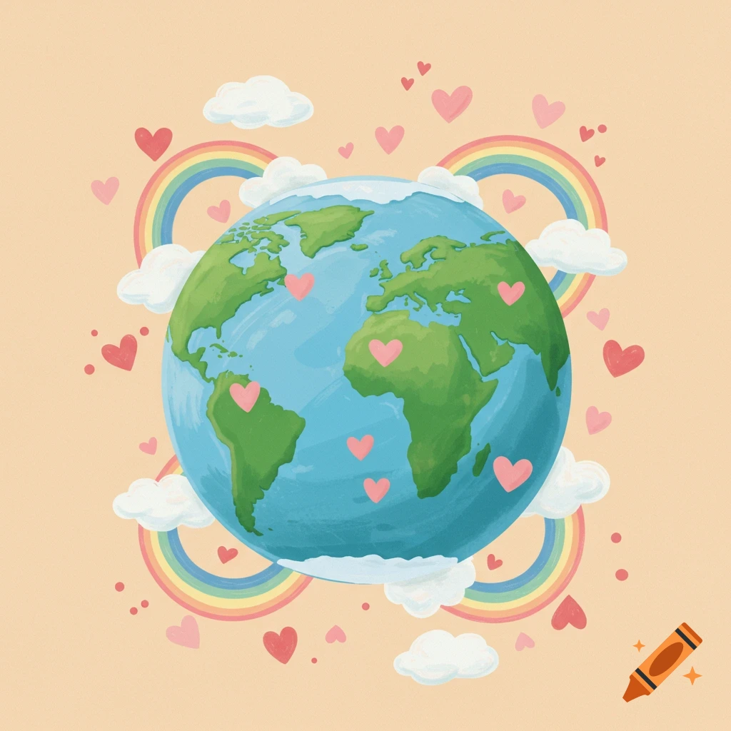 Earth with pink hearts, rainbows, and clouds