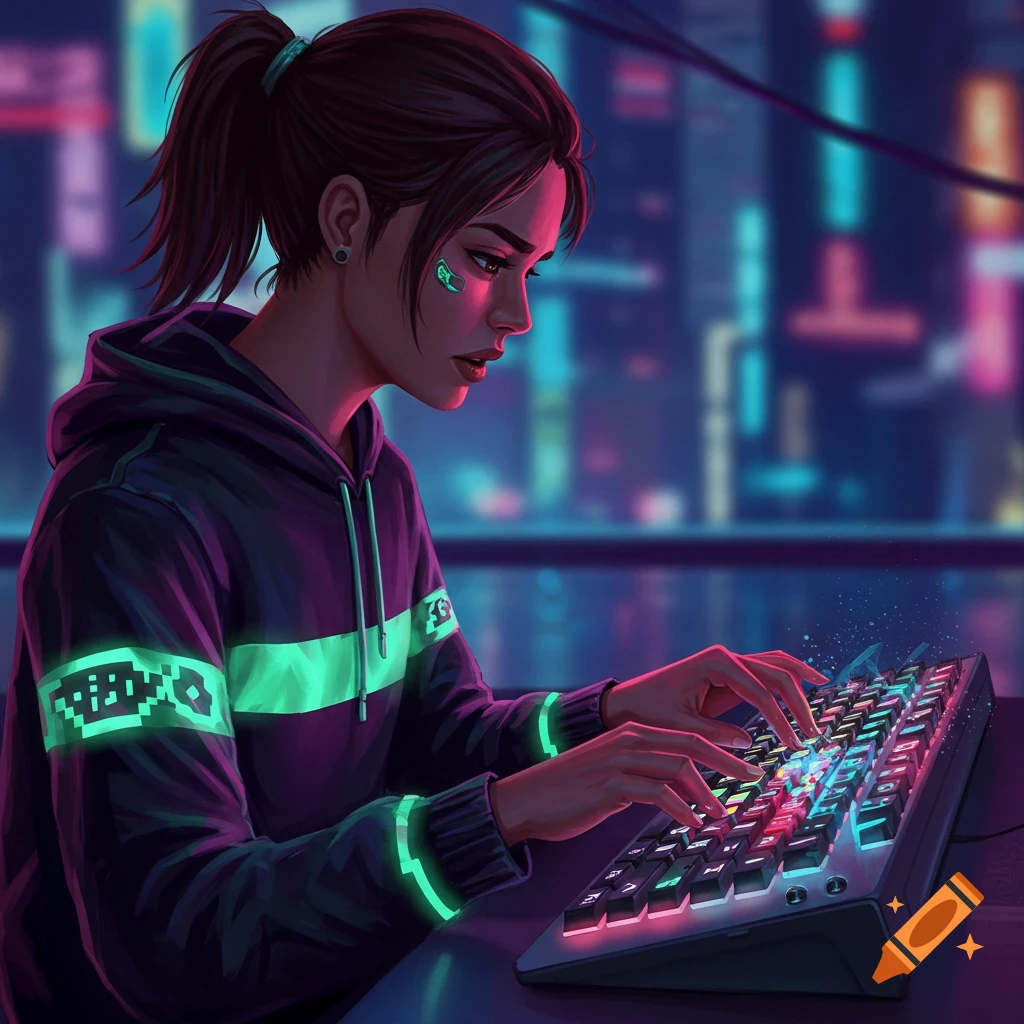 A person typing on a glowing keyboard in a neon city